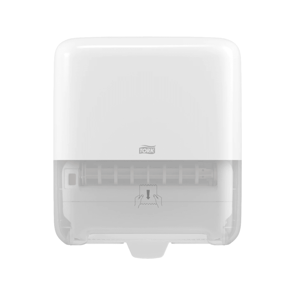A white, wall-mounted Tork Matic® 551000 dispenser for roll towels Elevation H1 with a transparent bottom for easy level indication. The front features the TORK logo – Essity Professional Hygiene Germany GmbH, as well as a diagram showing how to pull out the roll towels.