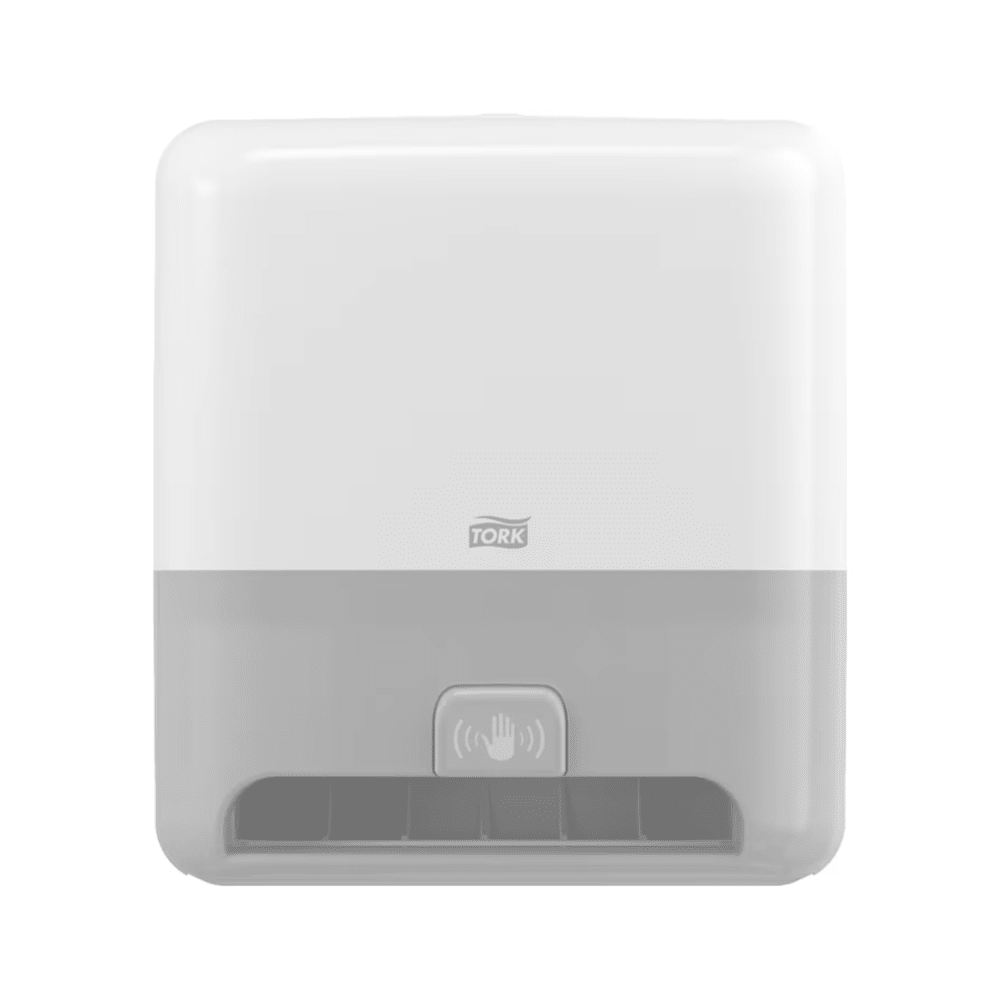 The Tork Matic® 551100 sensor dispenser for roll towels Elevation H1, manufactured by TORK – Essity Professional Hygiene Germany GmbH, is a stylish, white and gray automatic paper towel dispenser for wall mounting. It features a hand sensor symbol in the center bottom, allowing touch-free hand drying. The brand logo is prominently placed on the upper front, representing quality and elegance in any environment.