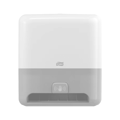 The Tork Matic® 551100 sensor dispenser for roll towels Elevation H1, manufactured by TORK – Essity Professional Hygiene Germany GmbH, is a stylish, white and gray automatic paper towel dispenser for wall mounting. It features a hand sensor symbol in the center bottom, allowing touch-free hand drying. The brand logo is prominently placed on the upper front, representing quality and elegance in any environment.