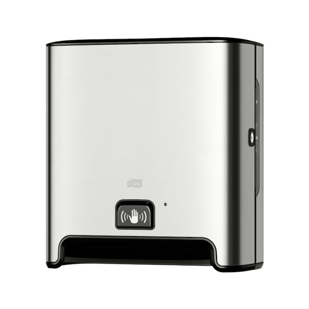 A TORK Tork Matic® 460001 sensor dispenser for roll towels Image Line made of stainless steel for wall mounting with sensor H1 | Pack (1 piece) with black base and sensor display symbol on the front. This dispenser, designed for touch-free single sheet dispensing, features a modern, simple appearance and uses roll towels to ensure a hygienic experience.