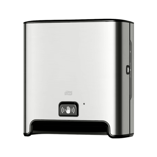 A TORK Tork Matic® 460001 sensor dispenser for roll towels Image Line made of stainless steel for wall mounting with sensor H1 | Pack (1 piece) with black base and sensor display symbol on the front. This dispenser, designed for touch-free single sheet dispensing, features a modern, simple appearance and uses roll towels to ensure a hygienic experience.