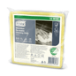 On the packaging of the Tork microfiber reusable cleaning cloths in yellow, there are product details such as dimensions and care symbols, as well as an image showing the cloth in use. At the bottom, there is an environmental certificate, emphasizing TORK – Essity Professional Hygiene Germany GmbH's commitment to sustainability and quality.