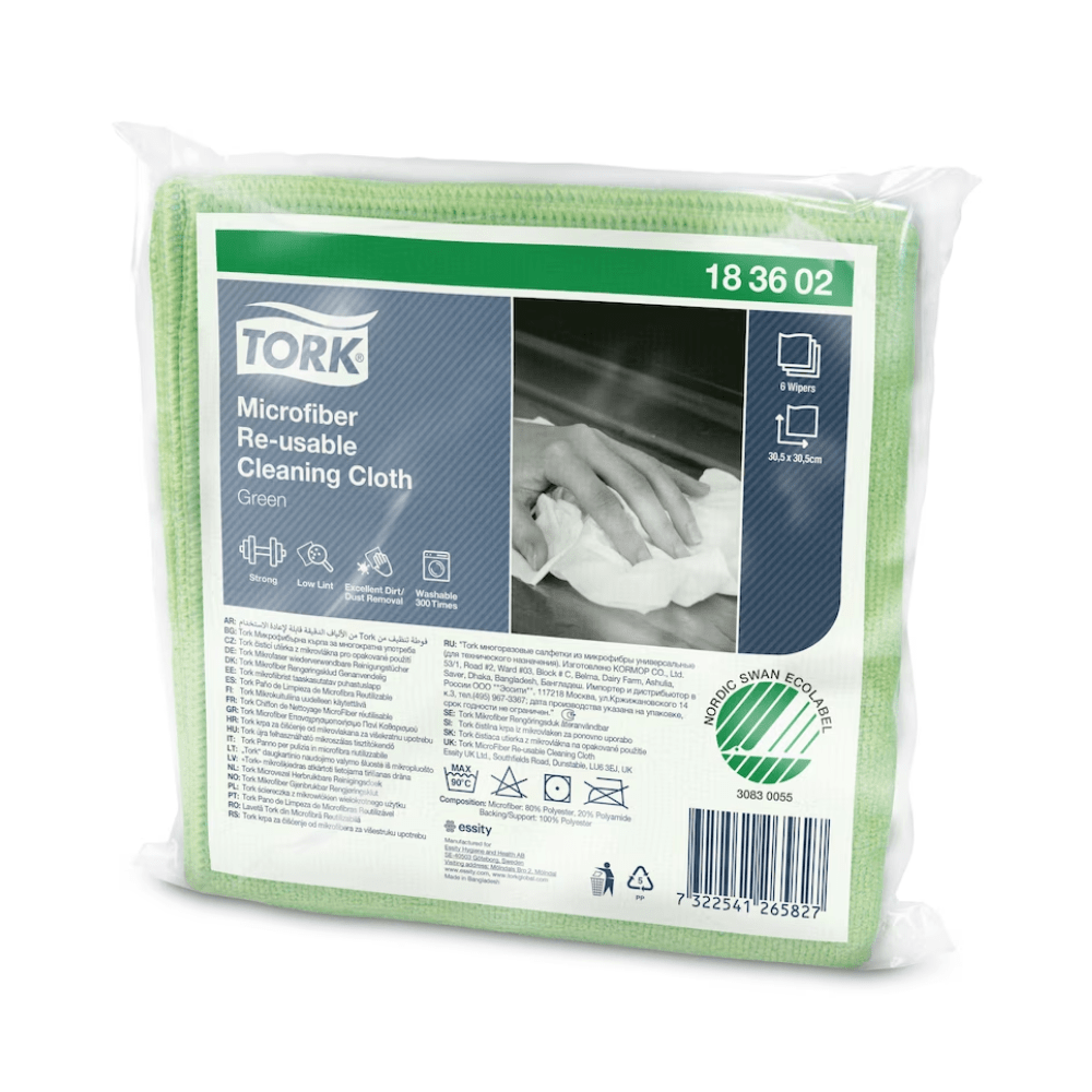Pictured is a package of reusable Tork microfiber cleaning cloths in various colors, offered by TORK – Essity Professional Hygiene Germany GmbH. The front shows product information, an image of hands using the cloth, and a barcode. These straightforward cloths are designed for efficient cleaning purposes and come in a box with 8 packs.