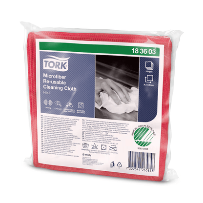 Package of reusable Tork microfiber cleaning cloths in red. The front displays the logo of Tork - Essity Professional Hygiene Germany GmbH, the product name, and an image showing hands using the cloth. Below the main label, there are clear usage instructions and symbols.