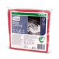 Package of reusable Tork microfiber cleaning cloths in red. The front displays the logo of Tork - Essity Professional Hygiene Germany GmbH, the product name, and an image showing hands using the cloth. Below the main label, there are clear usage instructions and symbols.