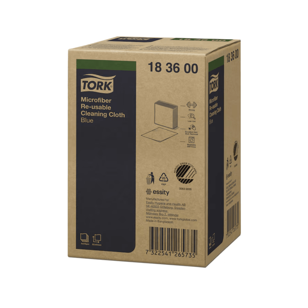 A box of reusable microfiber cleaning cloths from Tork in blue. The box displays product information, including the code 18 36 00 and the brand logos of TORK – Essity Professional Hygiene Germany GmbH. Additionally, there is a barcode and symbols indicating that the cloths are microfiber and reusable.