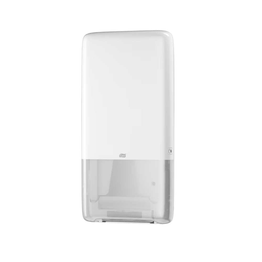 The Tork PeakServe® 552500 dispenser for continuous towels Elevation H5 by TORK - Essity Professional Hygiene Germany GmbH is a white, wall-mounted dispenser with a transparent lower part for easy roll control. Its simple, modern design makes it perfect for high-traffic washrooms, ensuring seamless availability of endless towels.