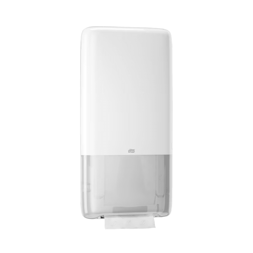 The Tork PeakServe® 552500 dispenser for continuous towels Elevation H5 by TORK – Essity Professional Hygiene Germany GmbH is a white wall-mounted dispenser with a transparent bottom that makes the towels inside visible. It is designed for high-traffic washrooms and ensures efficiency as a single sheet of continuous towels is always visible and ready for use.