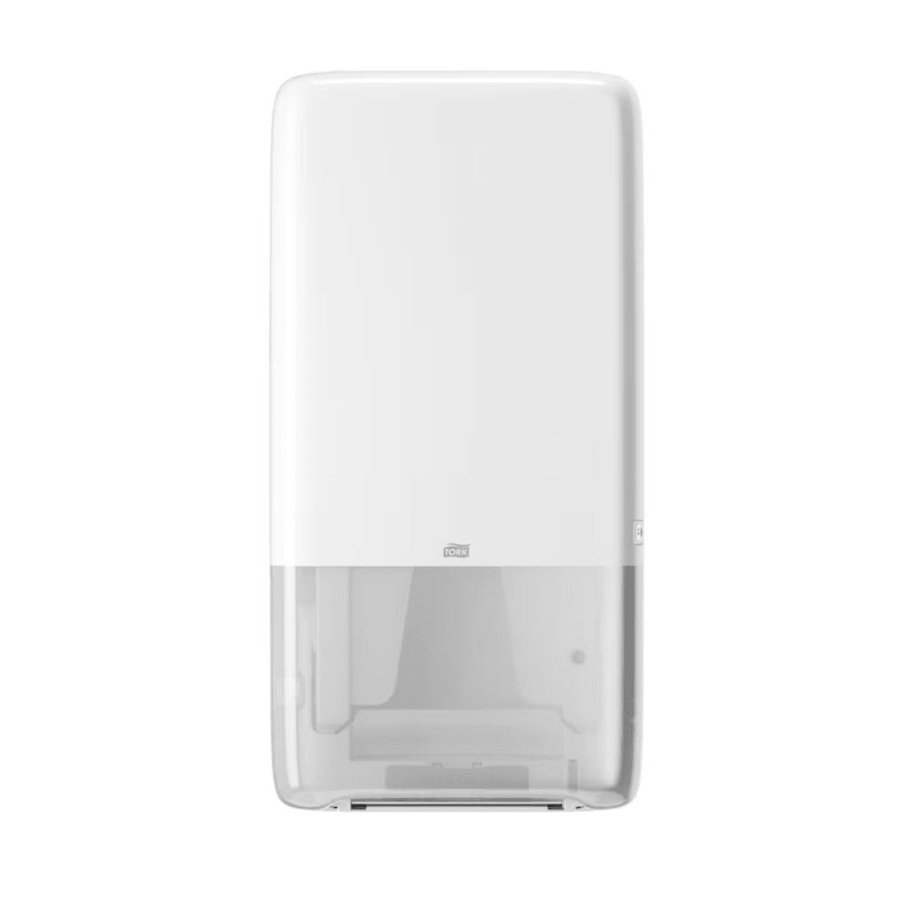 The Tork PeakServe® 552500 dispenser for continuous towels from the Elevation H5 series by TORK - Essity Professional Hygiene Germany GmbH is a wall-mounted white dispenser with a modern, rectangular design, ideal for high-traffic washrooms. Its semi-transparent lower part allows a view of the continuous towels inside, with a small logo prominently placed in the center.