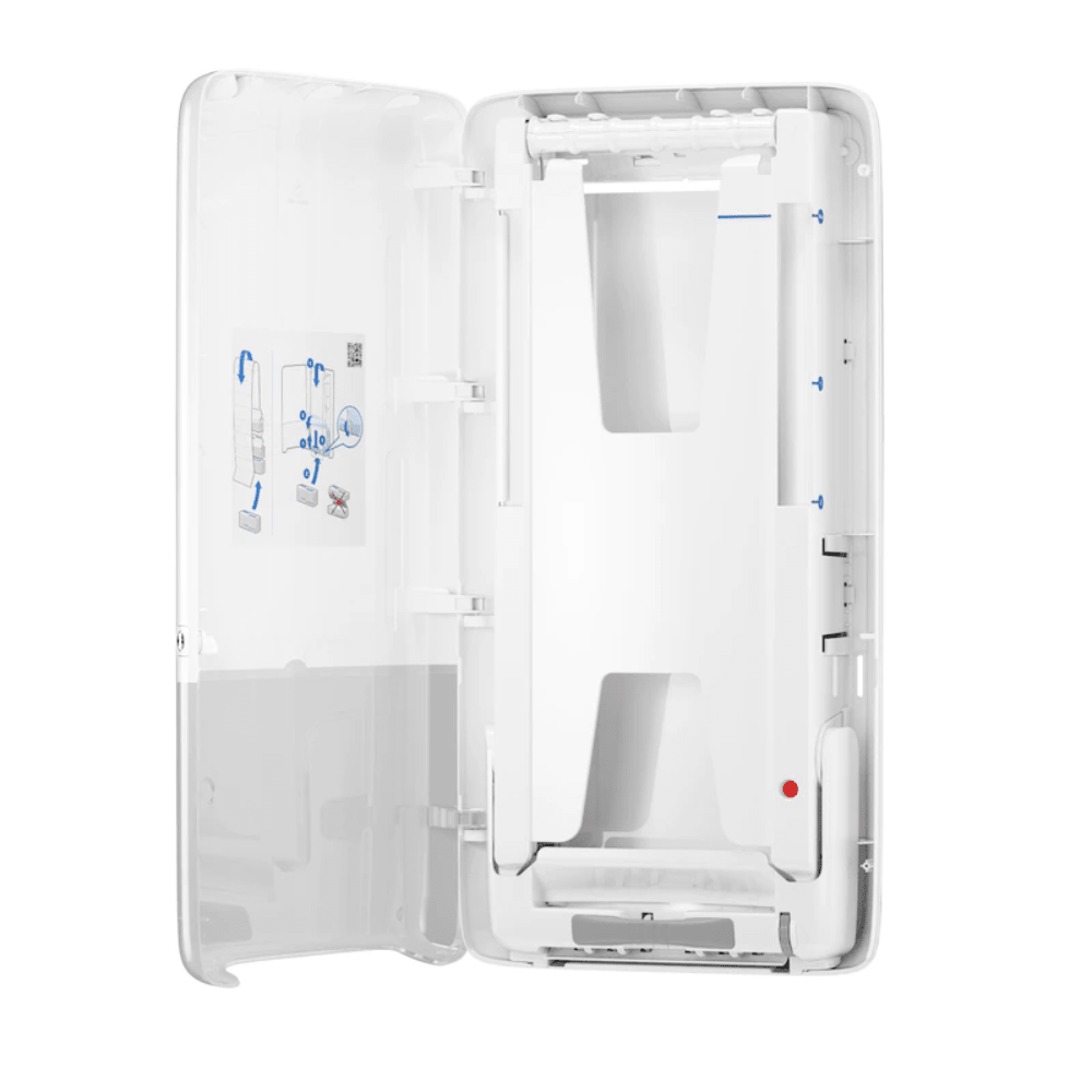 Open the Tork PeakServe® 552500 storage case, which features an elegant, minimalist design and is ideal for high-traffic washrooms. Inside are compartments and a diagram with blue markings on the left side. The smooth exterior has a translucent top section, making it perfect for storing your Tork PeakServe essentials.