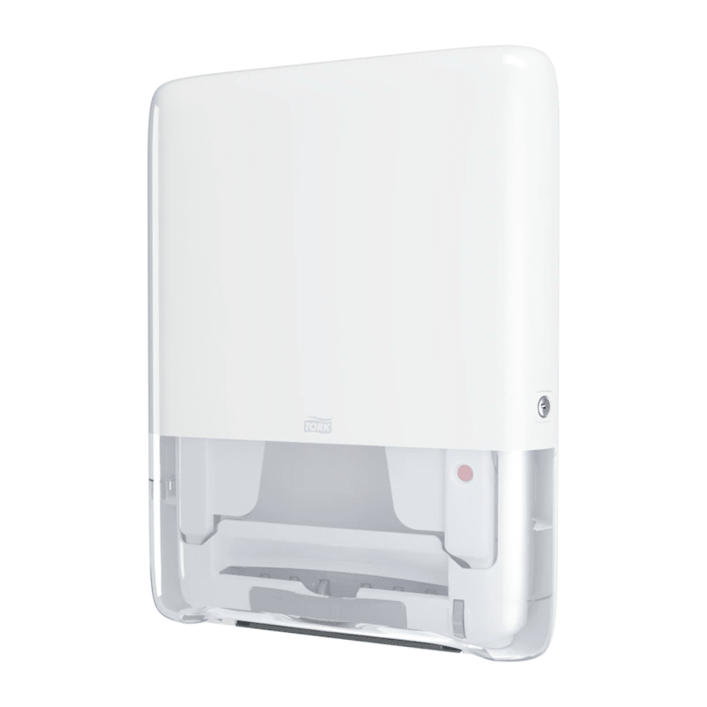 The Tork PeakServe® Mini Continuous Hand Towel Dispenser H5 by Essity Professional Hygiene Germany GmbH is a white, wall-mounted paper towel dispenser with an elegant design, perfect for high-traffic washrooms. It features a transparent lower area for easy monitoring of the paper level and a key lock in the upper right corner. It offers similar efficiency to the well-known Tork PeakServe products.