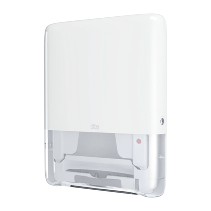 The Tork PeakServe® Mini Continuous Hand Towel Dispenser H5 by Essity Professional Hygiene Germany GmbH is a white, wall-mounted paper towel dispenser with an elegant design, perfect for high-traffic washrooms. It features a transparent lower area for easy monitoring of the paper level and a key lock in the upper right corner. It offers similar efficiency to the well-known Tork PeakServe products.
