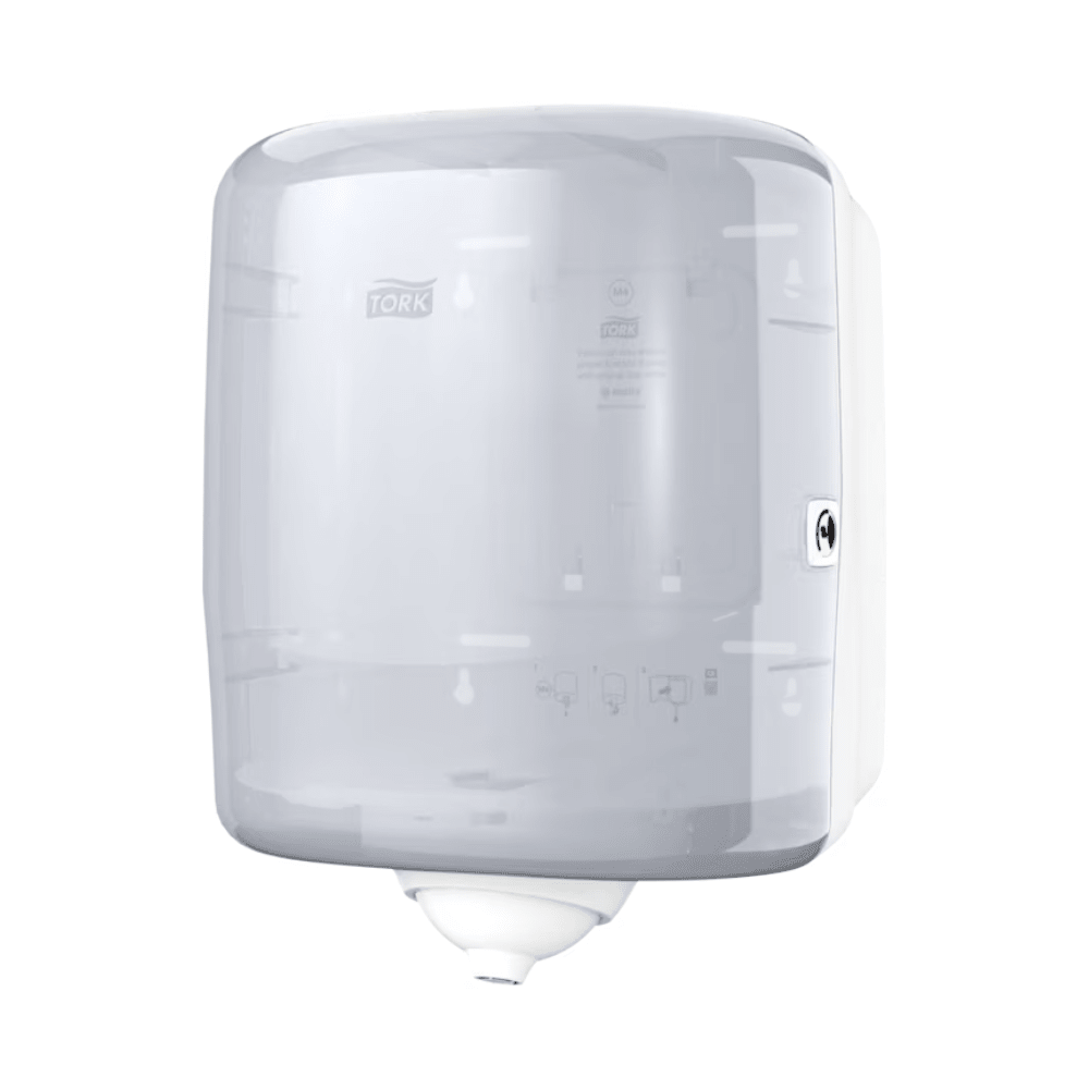The Tork Reflex™ 473190 single sheet centerfeed dispenser M4, a transparent, wall-mounted paper towel dispenser from TORK – Essity Professional Hygiene Germany GmbH, features a round opening at the bottom. With a lock on the right side and the ability to hold a single roll, it helps minimize cross-contamination. Its CO2-neutral design prominently displays the brand name 'TORK' on the front and appeals to environmentally conscious users.