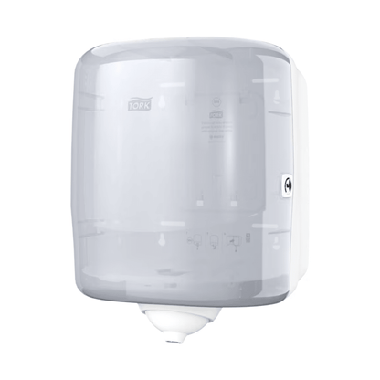 The Tork Reflex™ 473190 single sheet centerfeed dispenser M4, a transparent, wall-mounted paper towel dispenser from TORK – Essity Professional Hygiene Germany GmbH, features a round opening at the bottom. With a lock on the right side and the ability to hold a single roll, it helps minimize cross-contamination. Its CO2-neutral design prominently displays the brand name 'TORK' on the front and appeals to environmentally conscious users.