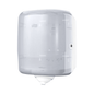 The Tork Reflex™ 473190 single sheet centerfeed dispenser M4, a transparent, wall-mounted paper towel dispenser from TORK – Essity Professional Hygiene Germany GmbH, features a round opening at the bottom. With a lock on the right side and the ability to hold a single roll, it helps minimize cross-contamination. Its CO2-neutral design prominently displays the brand name 'TORK' on the front and appeals to environmentally conscious users.