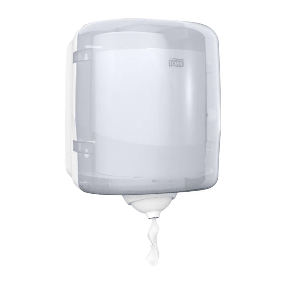 The Tork Reflex™ 473190 single sheet centerfeed dispenser M4 is a white, wall-mounted paper towel dispenser with a transparent cover. It contains CO2-neutral white paper towels, helping to avoid cross-contamination. The TORK logo from Essity Professional Hygiene Germany GmbH is prominently displayed on the cover, emphasizing both its functionality and commitment to sustainability.