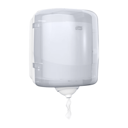 The Tork Reflex™ 473190 single sheet centerfeed dispenser M4 is a white, wall-mounted paper towel dispenser with a transparent cover. It contains CO2-neutral white paper towels, helping to avoid cross-contamination. The TORK logo from Essity Professional Hygiene Germany GmbH is prominently displayed on the cover, emphasizing both its functionality and commitment to sustainability.