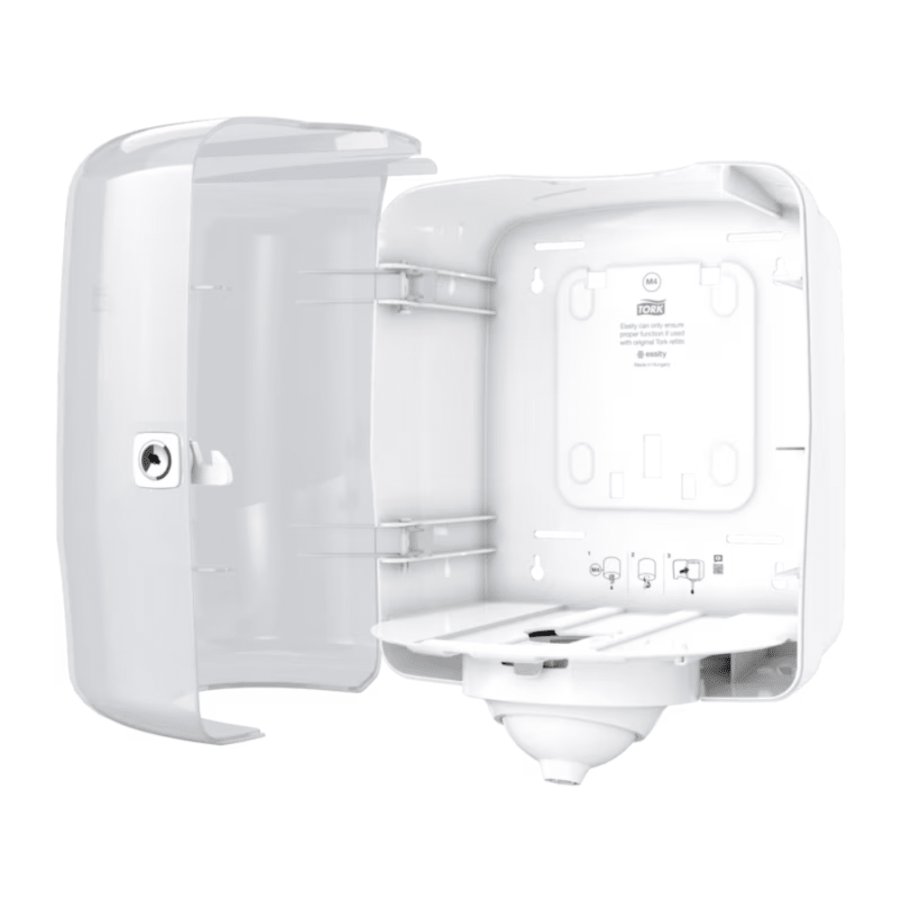 The Tork Reflex™ 473190 single sheet centerfeed dispenser M4, a CO2-neutral, wall-mounted device of the TORK brand from Essity Professional Hygiene Germany GmbH, features a transparent front cover that can be opened to release the empty interior for paper towels. It has a side key lock to reduce cross-contamination and maintain hygiene.