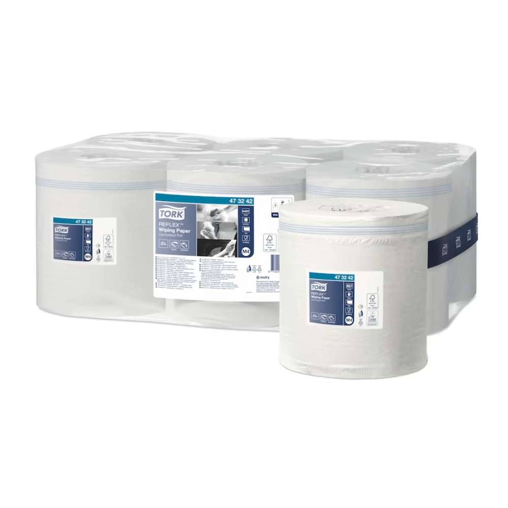 A carton of Tork Reflex™ 473242 multipurpose paper towels Advanced M4 1-ply by TORK – Essity Professional Hygiene Germany GmbH is depicted in a plastic packaging designed for internal roll dispensers. The set contains six rolls, each wrapped in transparent plastic. Labels on the rolls display product information and trademarks.