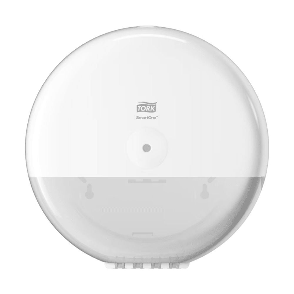 The Tork SmartOne® 680000 toilet paper dispenser Elevation T8 from Essity Professional Hygiene Germany GmbH features a wall-mounted white design with a round shape. It enables efficient single sheet dispensing and highlights the Tork logo on the front as well as a central opening for dispensing toilet paper.