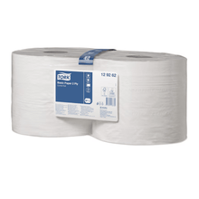 Two large rolls of white, 2-ply toilet paper are packaged together in a transparent package. On the front, there is a blue label with the inscription "Tork 128408 Standard Paper Towels Universal W1 2-ply" as well as product details and symbols, ideal for various cleaning tasks or as a versatile paper towel.