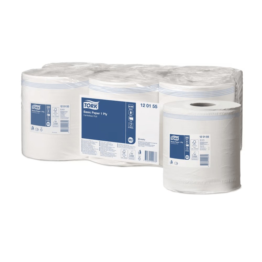 Displayed are the Tork 120155 Standard Paper Wipers Universal, available in a carton with six M2 1-ply rolls. The rolls are attractively packaged in a white packaging with blue and white labels featuring the TORK brand from Essity Professional Hygiene Germany GmbH. One roll is placed separately at the front for better visibility.