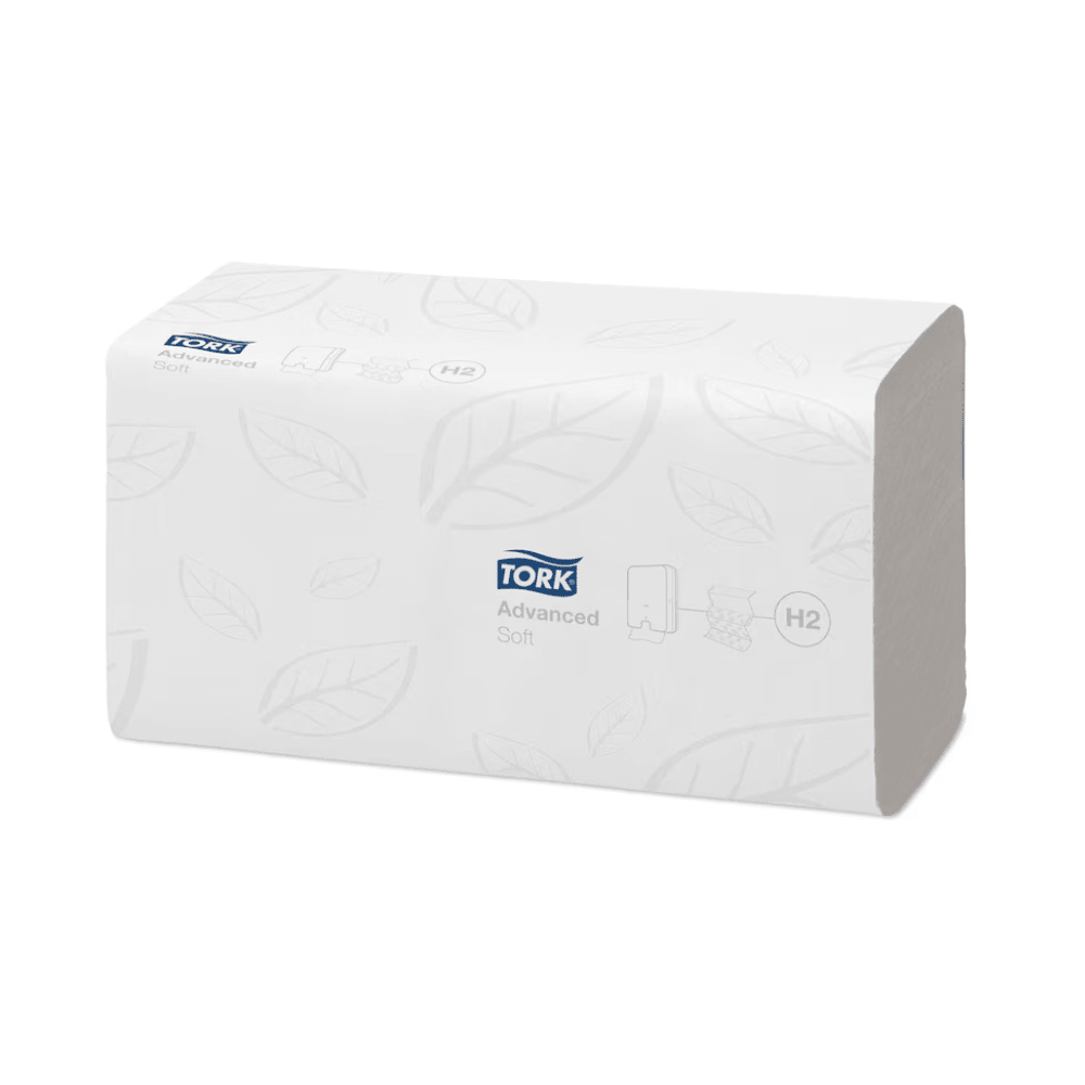 The Tork Xpress® 120398 soft multifold hand towels Advanced H2 2-ply, 25.6 cm in size and packed in a box with 21 packs, feature the TORK logo and the designation 'H2'. The packaging with a subtle leaf pattern highlights these multifold hand towels made from recycled fibers by Essity Professional Hygiene Germany GmbH, offering both sustainability and style.