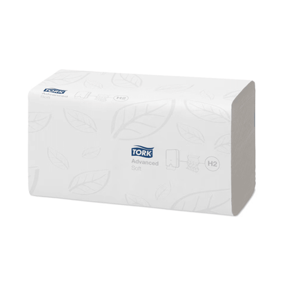 The Tork Xpress® 120398 soft multifold hand towels Advanced H2 2-ply, 25.6 cm in size and packed in a box with 21 packs, feature the TORK logo and the designation 'H2'. The packaging with a subtle leaf pattern highlights these multifold hand towels made from recycled fibers by Essity Professional Hygiene Germany GmbH, offering both sustainability and style.