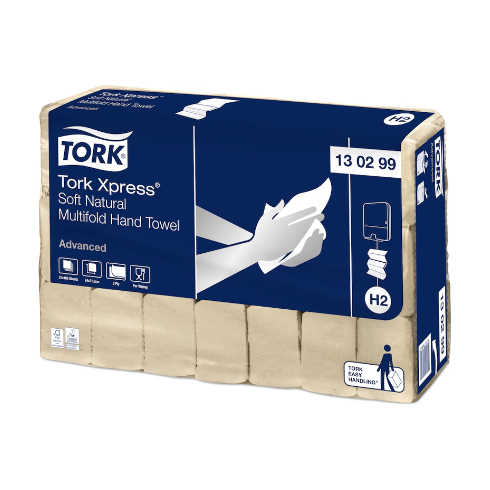 A carton containing 21 packs of Tork Xpress® 130299 Soft Natural Multifold Hand Towels Advanced 2-ply, manufactured by TORK – Essity Professional Hygiene Germany GmbH, features packaging in blue and beige with images of hands, product details, the Tork brand logo, and the model number 130299. Made from recycled fibers.