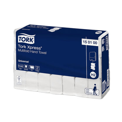 The image shows a box of Tork Xpress® 150100 Multifold Hand Towels Universal H2 1-ply 25.5cm from TORK – Essity Professional Hygiene Germany GmbH, known for its excellent value for money. The dark blue packaging with white text clearly displays the product details and contains several individual towel packs.
