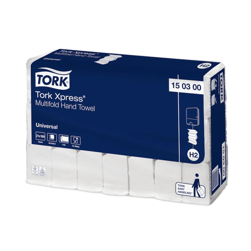 Introducing the Tork Xpress® 150300 Multifold Hand Towels Universal H2, a product of TORK – Essity Professional Hygiene Germany GmbH. The blue and white packaging highlights details such as compatibility with the H2 system, with six bundles of hand towels per pack and a user-friendly design that guarantees excellent hygiene.