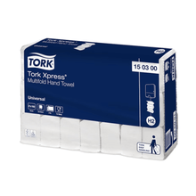 Introducing the Tork Xpress® 150300 Multifold Hand Towels Universal H2, a product of TORK – Essity Professional Hygiene Germany GmbH. The blue and white packaging highlights details such as compatibility with the H2 system, with six bundles of hand towels per pack and a user-friendly design that guarantees excellent hygiene.