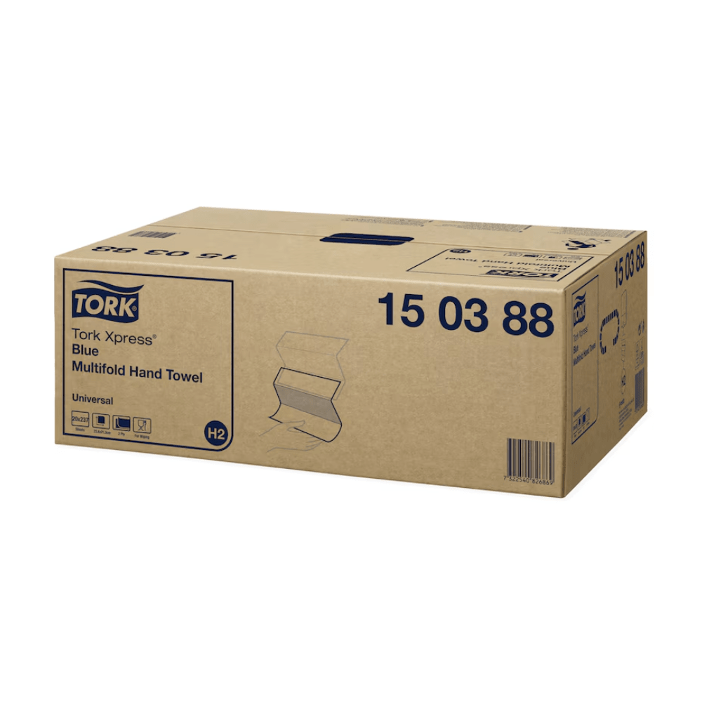 A box with the blue Tork Xpress® 150388 Multifold Hand Towel Universal H2 2-ply is exhibited, featuring a product image, model number, and logos highlighting universal compatibility and sustainability certifications, thus emphasizing the high hygiene standards for the use of multifold towels.