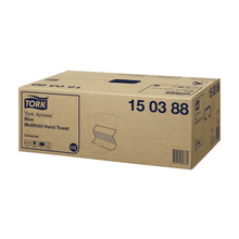A box with the blue Tork Xpress® 150388 Multifold Hand Towel Universal H2 2-ply is exhibited, featuring a product image, model number, and logos highlighting universal compatibility and sustainability certifications, thus emphasizing the high hygiene standards for the use of multifold towels.