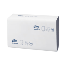 A package of Tork Xpress® 150388 blue Multifold Hand Towel Universal H2 2-ply is exhibited in the branded packaging from TORK – Essity Professional Hygiene Germany GmbH. Symbols indicate that these multifold towels are compatible with H2 dispensers, ensuring optimal hygiene and compatibility with Tork Xpress systems.