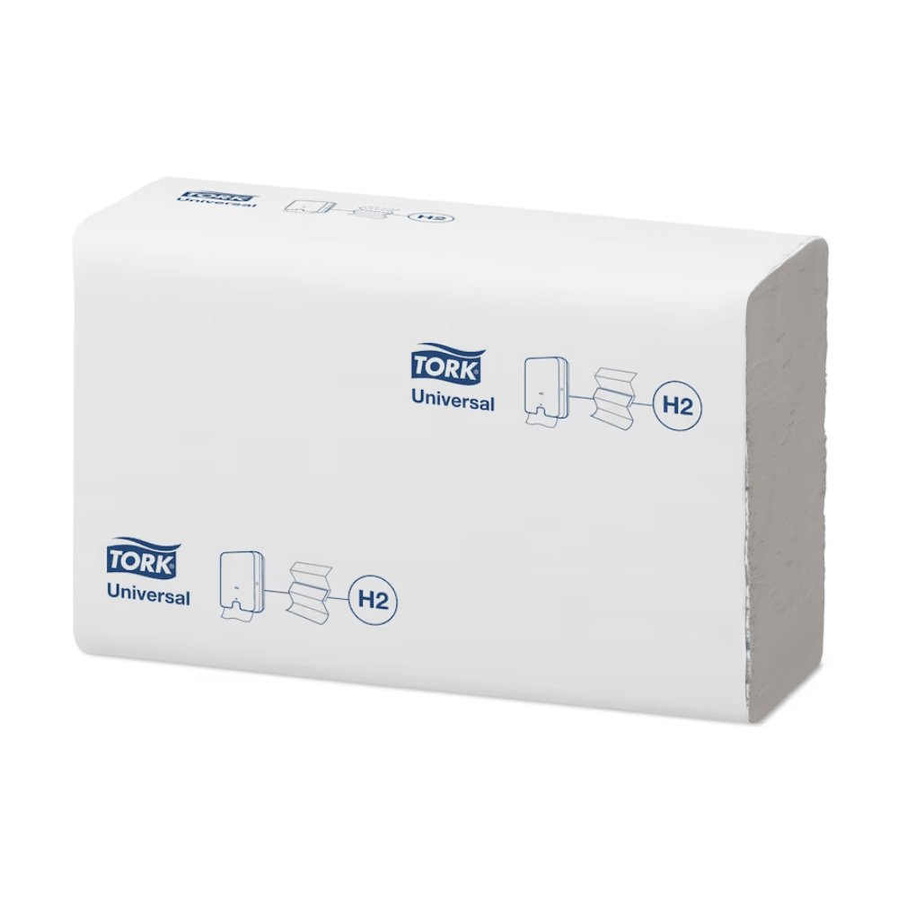 A stack of Tork Xpress® 471093 Universal H2 Multifold Towels is seen against a plain white background. The packaging, adorned with the blue TORK logo of Essity Professional Hygiene Germany GmbH, displays symbols indicating the use of multifold towels. The rectangular stack has a visible open edge, highlighting its practical design.