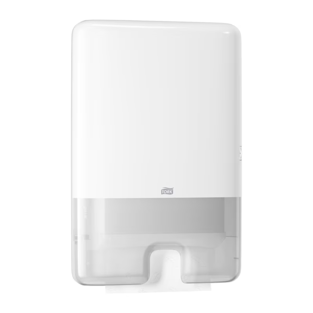 The Tork Xpress® 552000 dispenser for Multifold Hand Towels H2 by TORK - Essity Professional Hygiene Germany GmbH impresses with a stylish white design with a transparent bottom that makes the Multifold hand towels inside visible. Its single sheet dispensing function ensures efficient and hygienic dispensing in any modern bathroom.