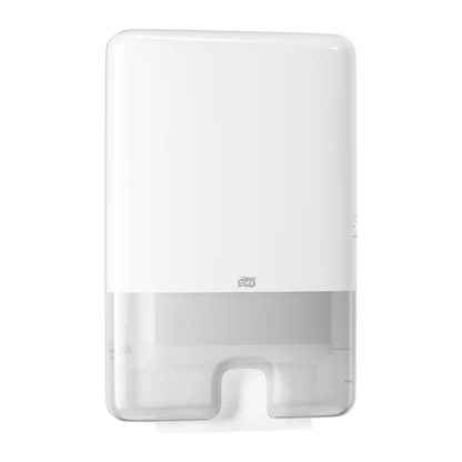 The Tork Xpress® 552000 dispenser for Multifold Hand Towels H2 by TORK - Essity Professional Hygiene Germany GmbH impresses with a stylish white design with a transparent bottom that makes the Multifold hand towels inside visible. Its single sheet dispensing function ensures efficient and hygienic dispensing in any modern bathroom.