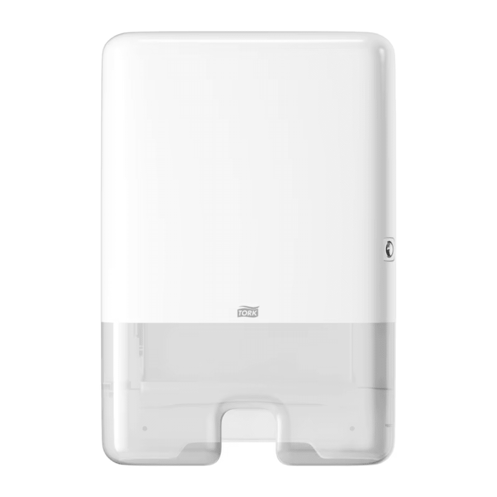 The Tork Xpress® 552000 dispenser for Multifold Hand Towels H2 by TORK - Essity Professional Hygiene Germany GmbH is a white, wall-mounted paper towel dispenser with a transparent bottom, where the Tork Xpress logo is clearly visible. Its minimalist and functional design is ideal for dispensing Multifold hand towels in public restrooms or facilities.