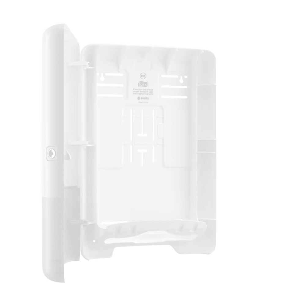 The Tork Xpress® 552000 dispenser for Multifold Hand Towels H2 by Essity Professional Hygiene Germany GmbH is a white, open, rectangular plastic housing with a hinged door and several mounting slots inside, specifically designed for Tork Xpress products. It features a keyhole on the left side for security and has several small brackets inside for efficient organization of cables or components.