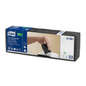 The image shows a package of the Tork Xpressnap® 15850 Extra Soft Dispenser Napkin N4 2-ply and emphasizes its premium quality. A photo shows a hand skillfully pulling a napkin from the dispenser, which is intended to reduce napkin consumption. The packaging contains information about eight packs per box and is associated with the TORK – Essity Professional Hygiene Germany GmbH brand.