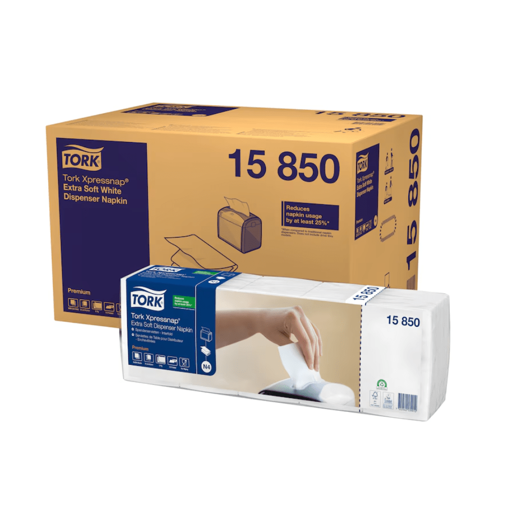 A pack of Tork Xpressnap® 15850 Extra Soft Dispenser Napkin N4 2-ply is shown, consisting of a large box and a smaller transparent napkin pack. The image highlights the TORK branding from Essity Professional Hygiene Germany GmbH and emphasizes their ability to reduce napkin consumption through visible product details.