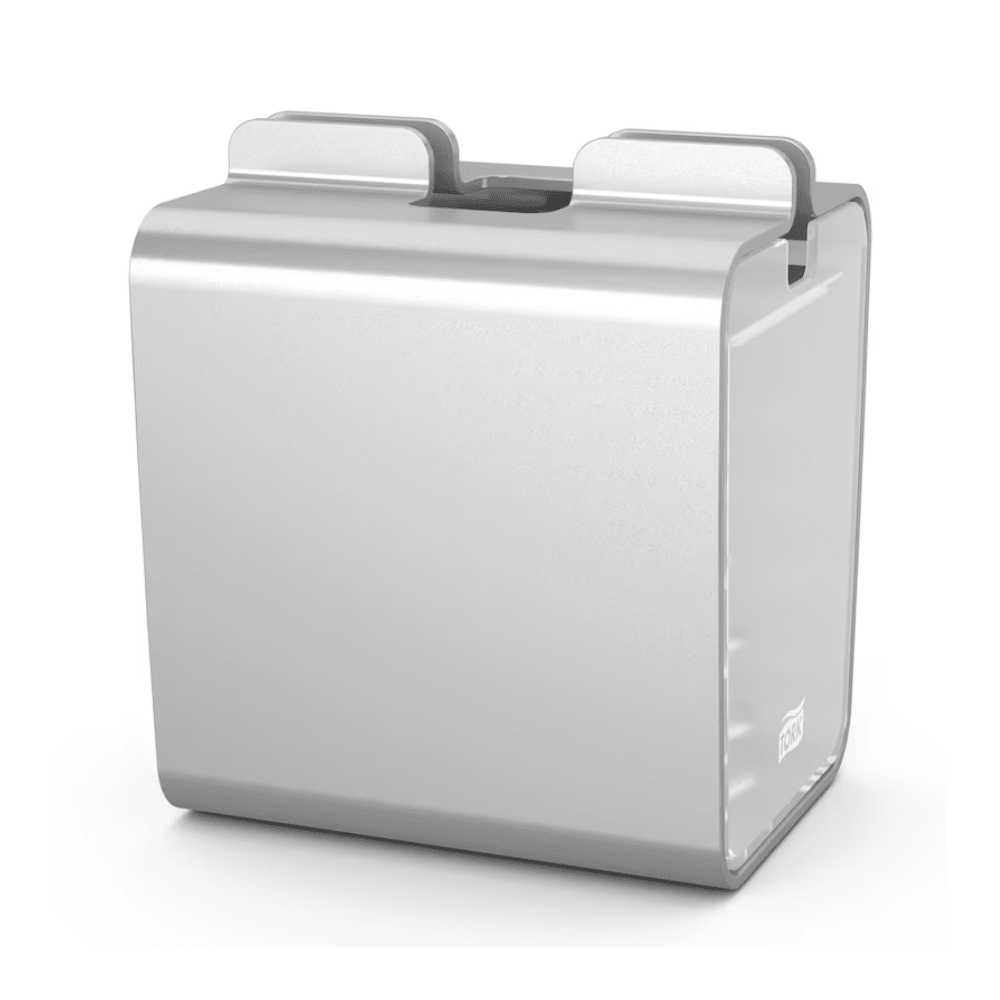 An elegant silver metal bread box in a rectangular shape with a roll-top lid that is reminiscent of minimalist designs often found in self-service restaurants. Its smooth and shiny surface matches well with the Tork Xpressnap® 274002 napkin dispenser, aluminum from TORK - Essity Professional Hygiene Germany GmbH, and ensures a uniform kitchen aesthetic.