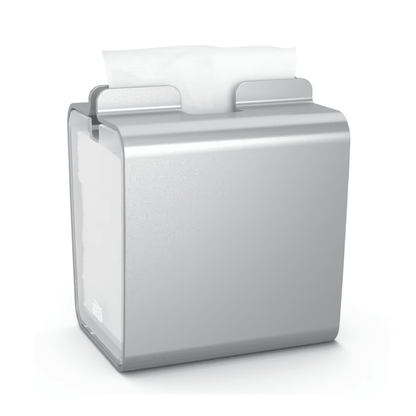 A rectangular Tork Xpressnap® 274002 napkin dispenser made of aluminum with a single white napkin that is easily pulled down from the top, features an elegant metallic finish. Its compact design makes it ideal for kitchens or self-service restaurants.
