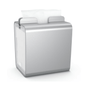 A rectangular Tork Xpressnap® 274002 napkin dispenser made of aluminum with a single white napkin that is easily pulled down from the top, features an elegant metallic finish. Its compact design makes it ideal for kitchens or self-service restaurants.