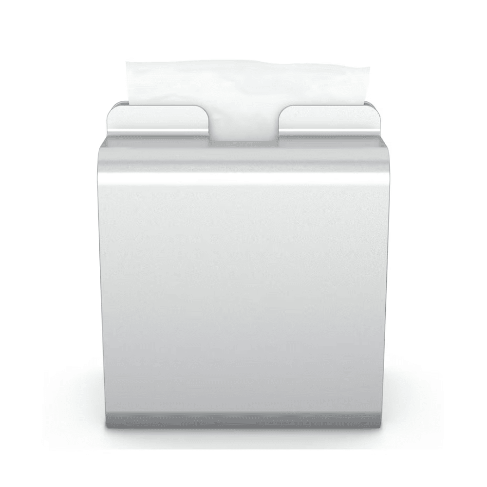 The aluminum Tork Xpressnap® 274002 napkin dispenser from Essity Professional Hygiene Germany GmbH shows a single elegantly pulled-out white cloth against a plain white background - ideal for self-service restaurants.