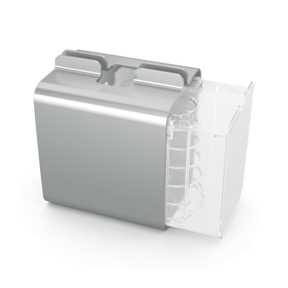 The Tork Xpressnap® 274002 napkin dispenser made of aluminum from Essity Professional Hygiene Germany GmbH is a silver, rectangular kitchen accessory with a transparent compartment on the right side. The metallic part features two grooves at the top for attachment, and the transparent part acts as a container or slide, making it perfect for self-service restaurants.