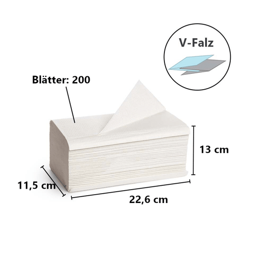 The Tork 100278 Extra Soft Zigzag Premium H3 2-Ply Hand Towels from TORK – Essity Professional Hygiene Germany GmbH are supplied in a stack of 200 sheets and are essential for maintaining hygiene. They measure exactly 22.6 cm in length, 11.5 cm in width, and 13 cm in height, with an illustration of the Premium H3 V-fold design in the upper right corner.
