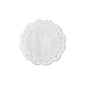 The PAPSTAR 100 round, white doilies from PAPSTAR GmbH is a round, FSC-certified paper doily with a solid center and decorative edge on a white background.