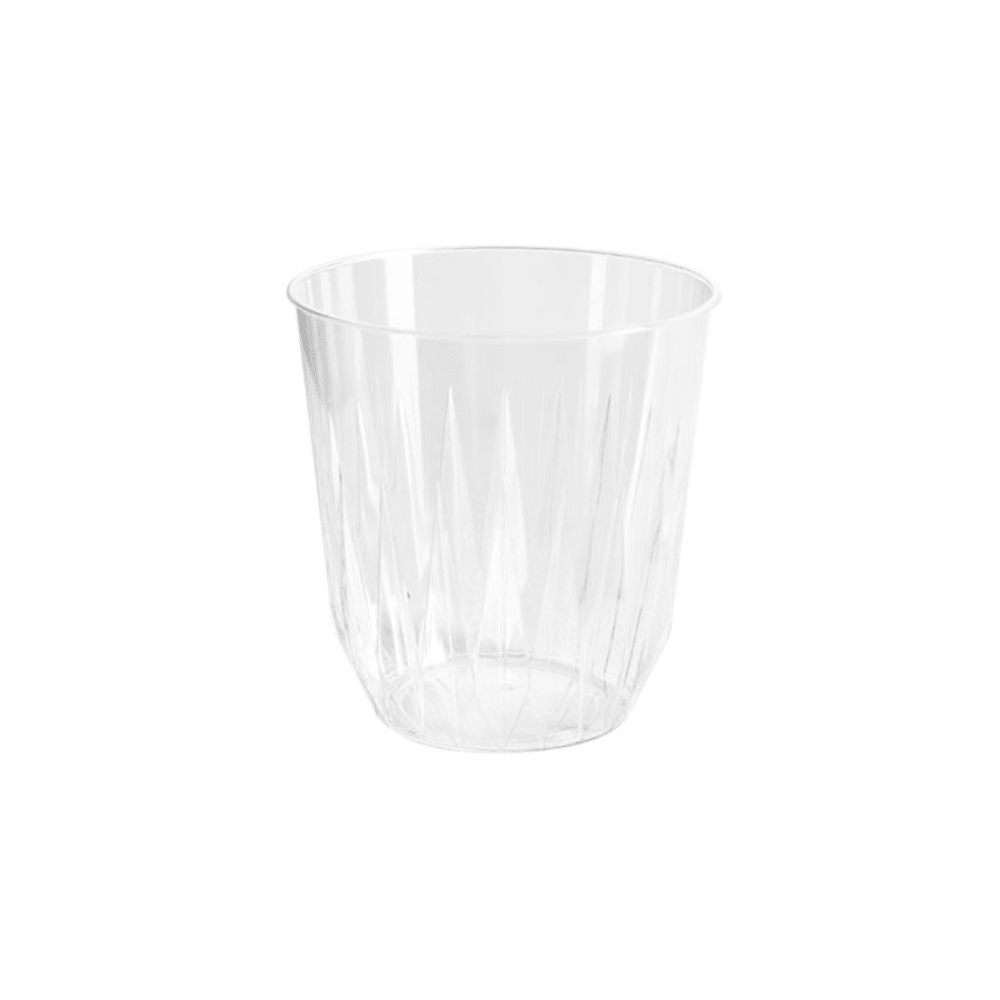 A transparent drinking glass Diamond 250 ml from Duni GmbH with a faceted design and smooth rim stands empty against a plain white background and is ready for your favorite cold drink. Pack (30 pieces).